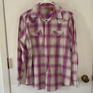 Wrangler purple grey white plaid long sleeve button down western shirt Size L